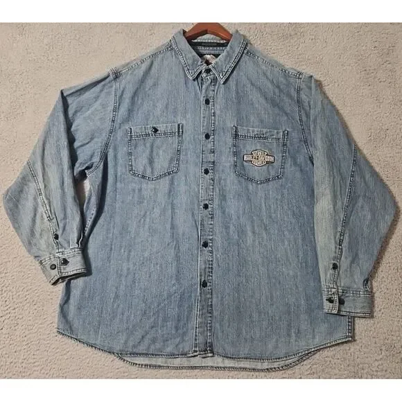 Vintage Harley Davidson Embroidered Blue Denim Button Down Shirt Men's Size 2XL - Picture 1 of 9